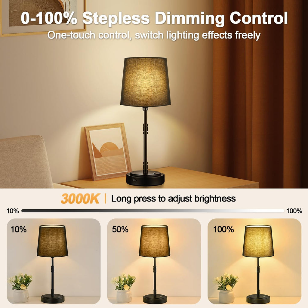 Cordless Table Lamps Set of 2 – Battery Operated Lamp with 7500mAh Rechargeable Battery, Stepless Dimmable Black Lamps with Black Shade…