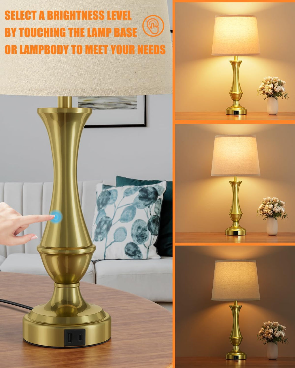 Seealle Upgraded Touch Lamps for Night Stands Set of 2 - Bedside Lamps with USB C+A, 3 Way Dimmable for Bedroom Living Room End Tables…