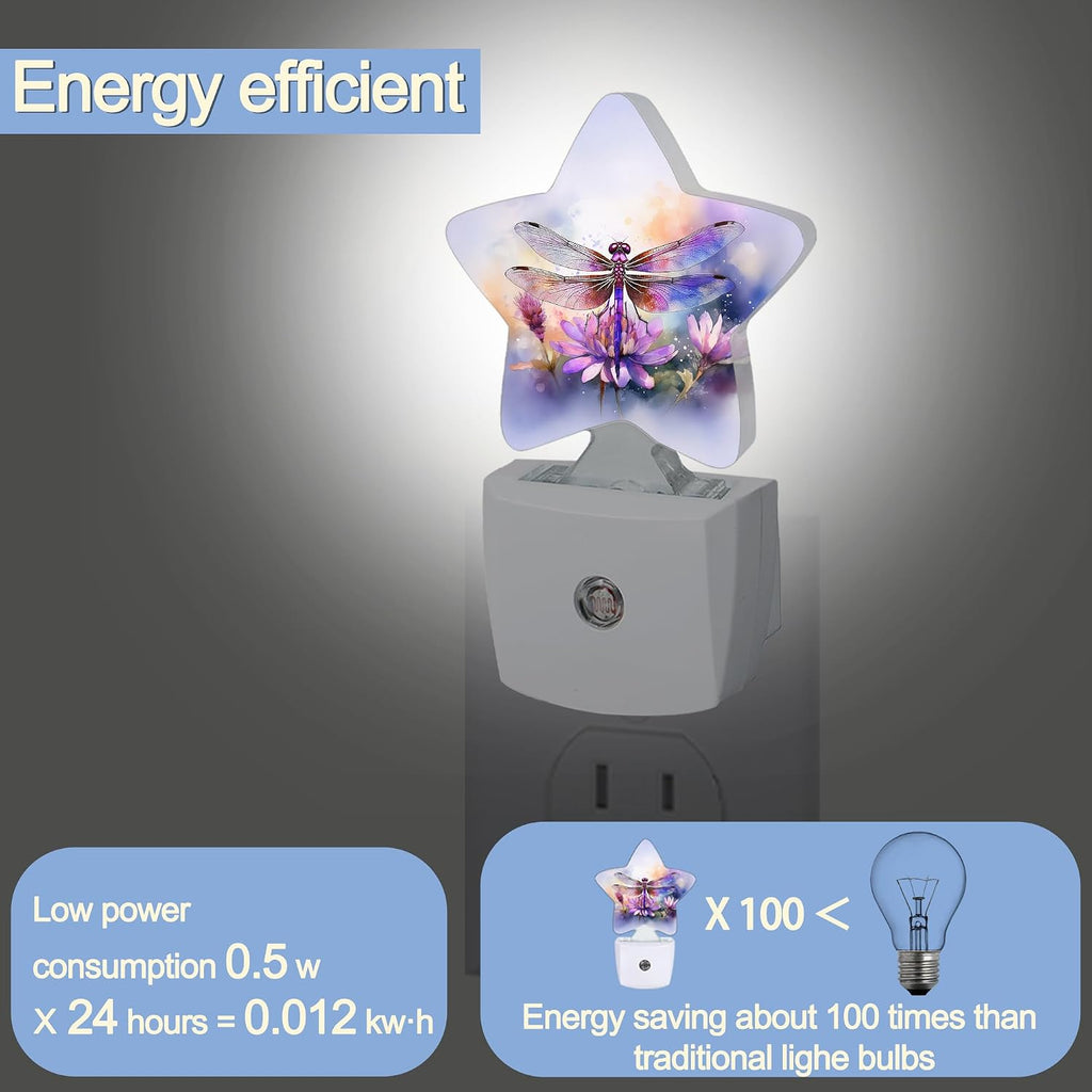 Snowmolle Dragonfly Flower Night Light, Watercolor Plug-in Star Night Lights with Dusk-to-Dawn Sensor for Bedroom, Bathroom, Living Room Sleep…