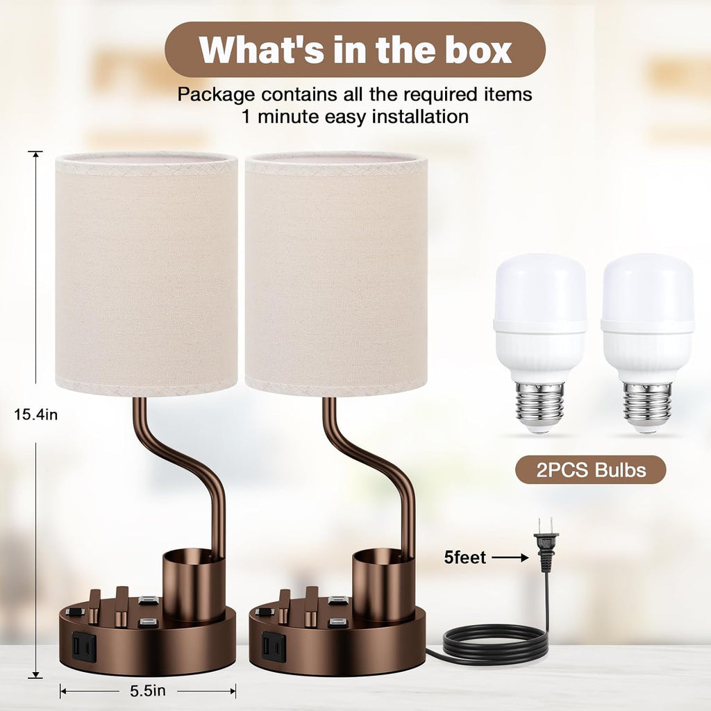 Bedside Table Lamps for Bedroom Set of 2 - Beige Nightstand Lamp with AC Outlet Charging Port and USB A C, 3 Color Temperatures, Included…