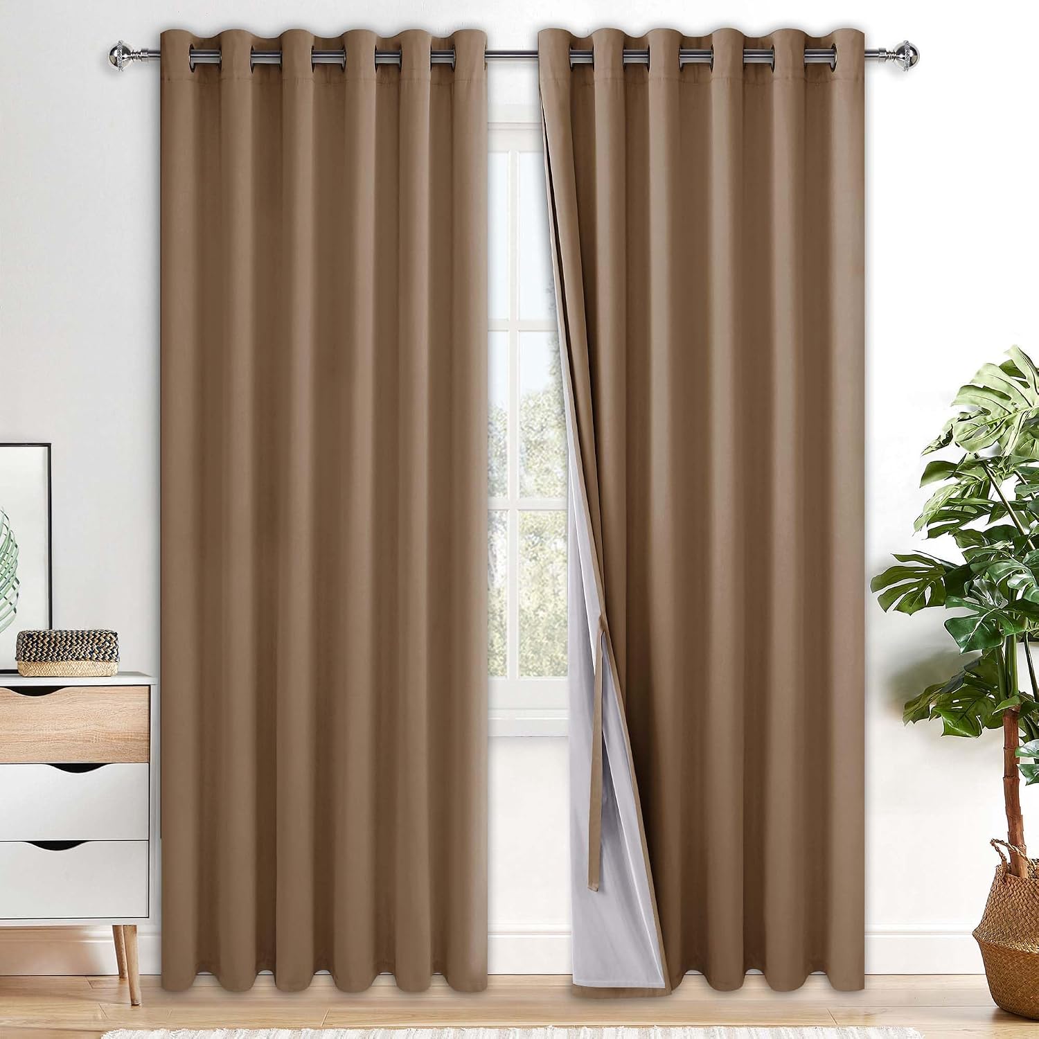 Xwzo Complete Blackout Shades Window Curtain Panels with Tiebacks- Noise Reduction and Light Blocking Grommet Curtains with Black Liner for…