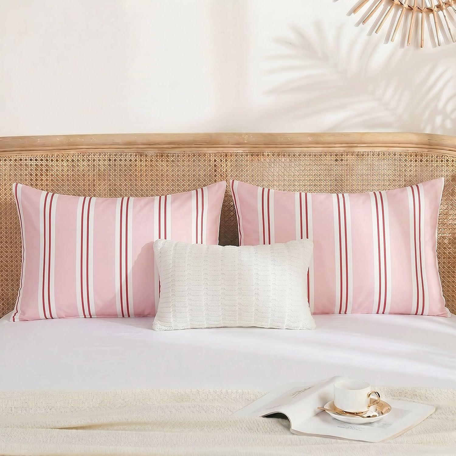 Merryword Standard Size Pillowcases, 100% Cotton Pillow Cases, Pink Striped Pillowcases, Soft Breathable Ribbon Stripe Pillow Covers, Set o…