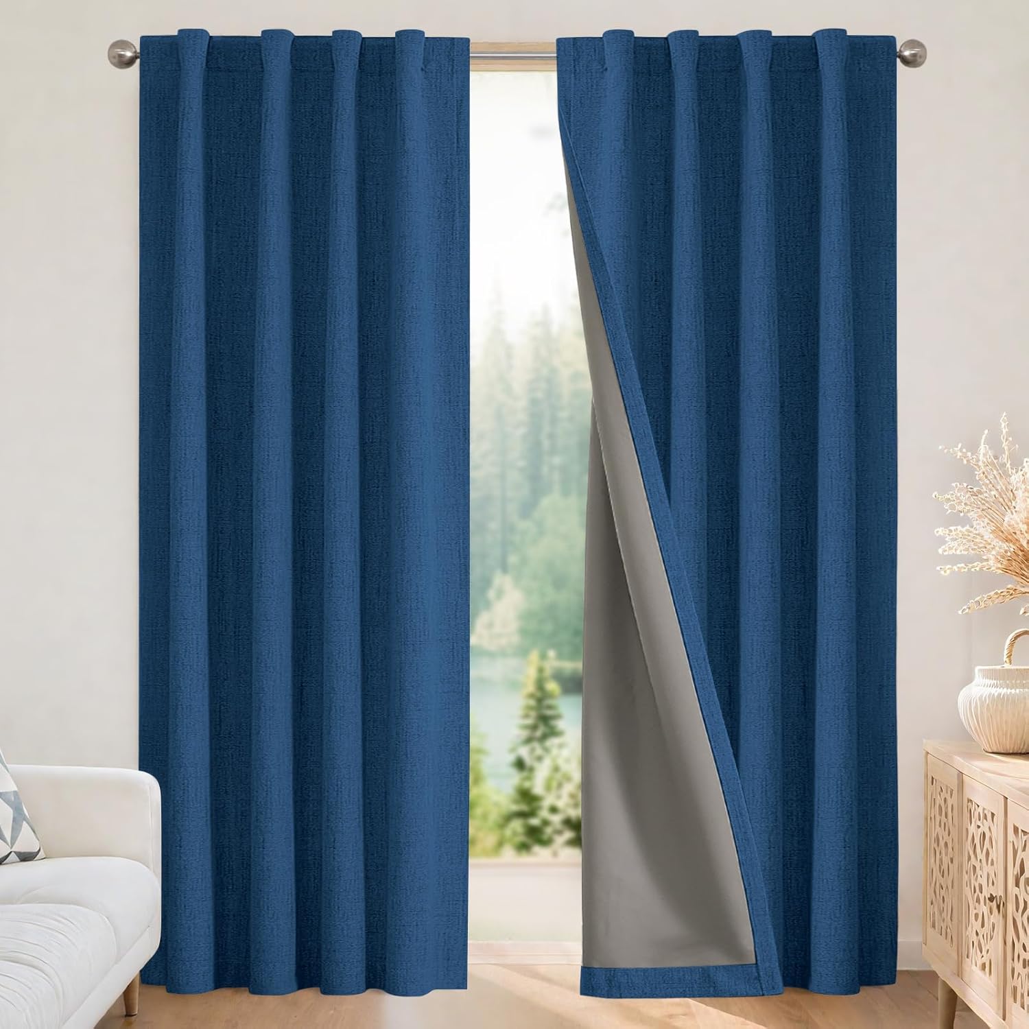 Joydeco Blackout Curtains for Bedroom - 90 Inch Long 100% Light Blocking 2 Panels Navy Blue Drapes, Thermal Insulated Room Darkening Curtai…