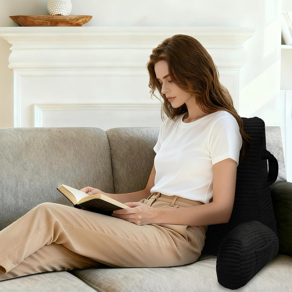 Reading Pillow for Sitting in Bed Adult, Bed Reading Pillow with Shredded Memory Foam, Back Pillow for Sitting with Arms and Pockets, Black
