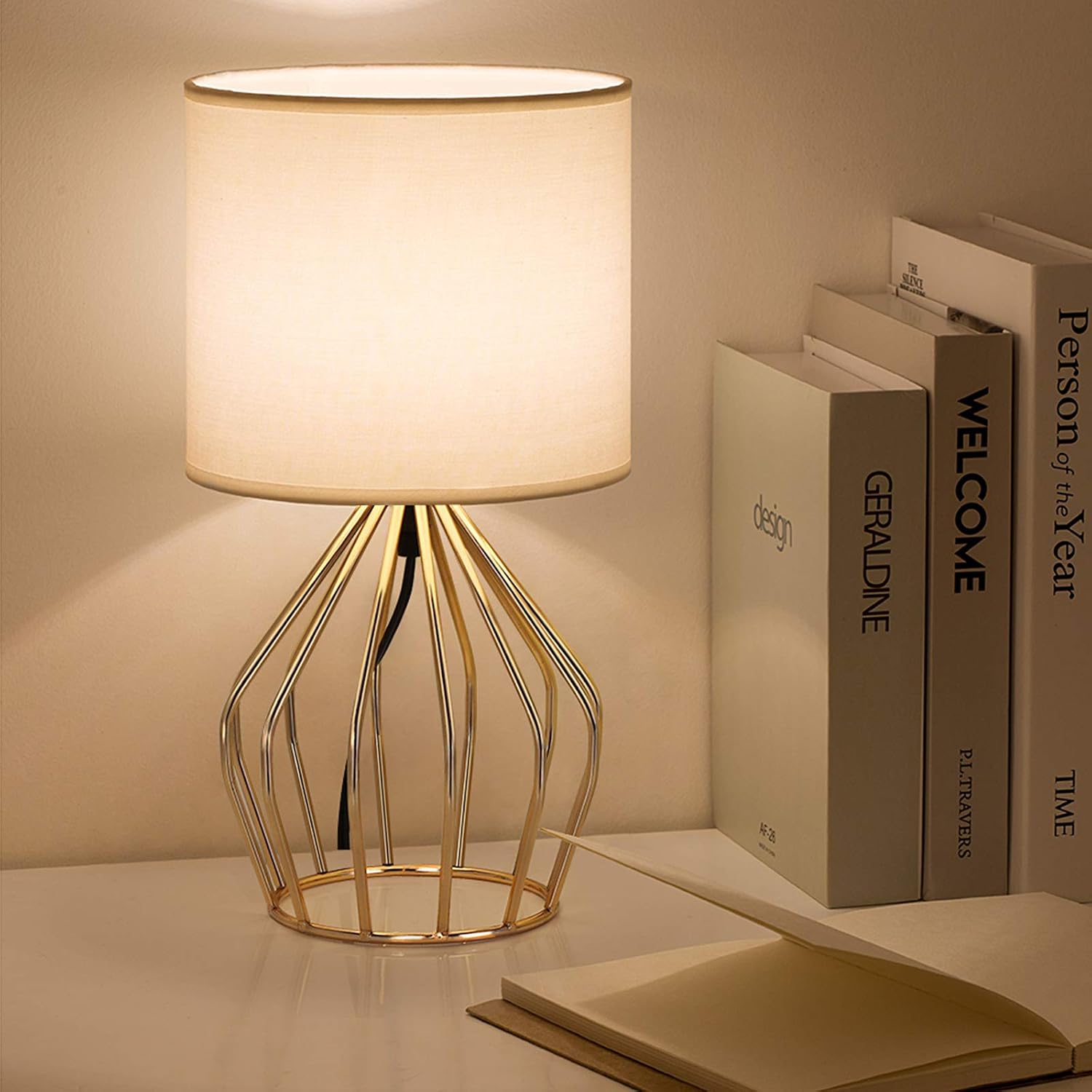 HAITRAL Gold Table Lamp - Modern Style Desk Lamp with Hollowed Out Base Linen Fabric Shade, Small Golden Bedside Lamp for Bedrooms…