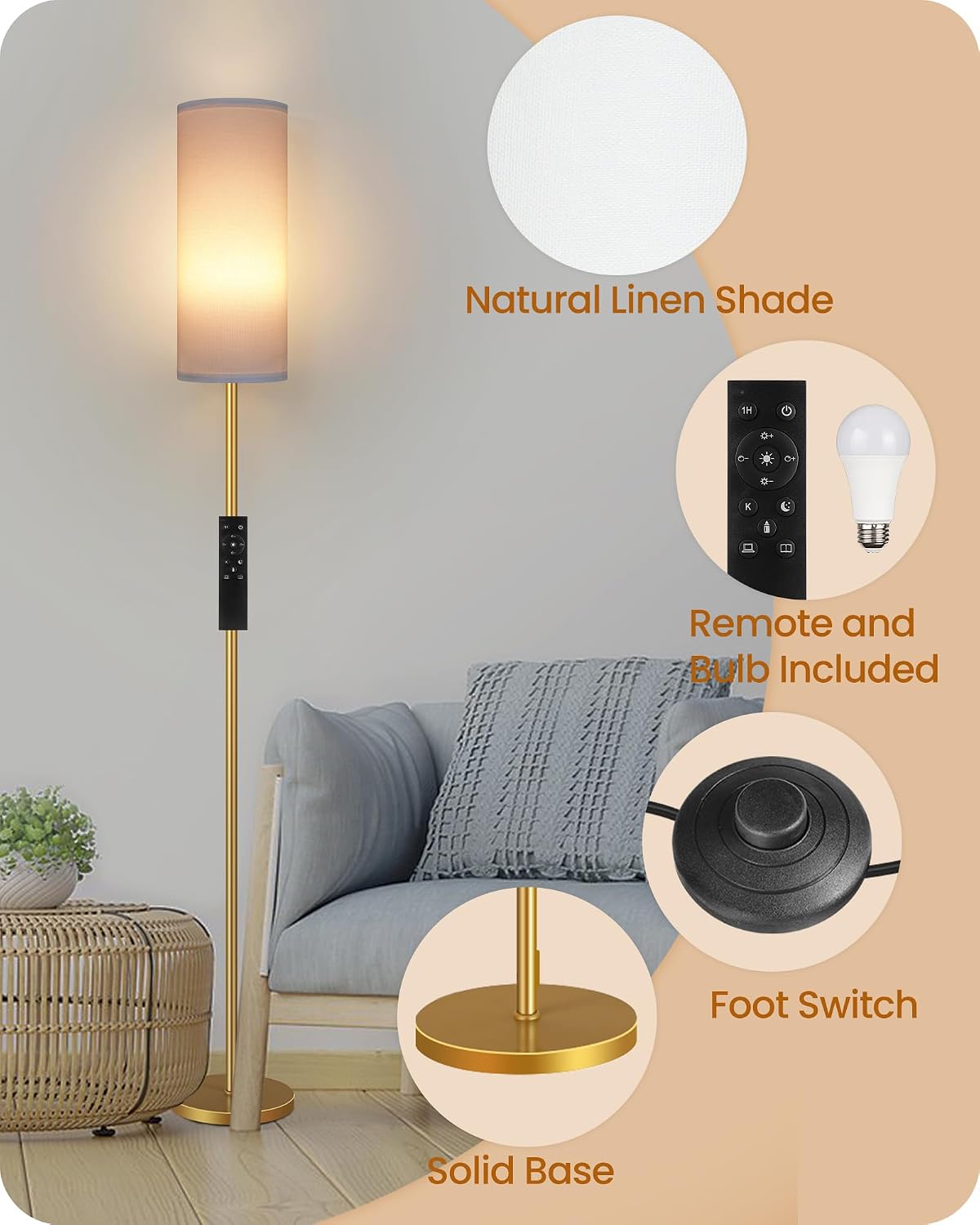 Set of 2 Dimmable Floor Lamps for Living Room with 2 Remotes and Foot Switch, 64.4”Modern Standing Lamp, Corner Lamp for Bedroom, Bulb…