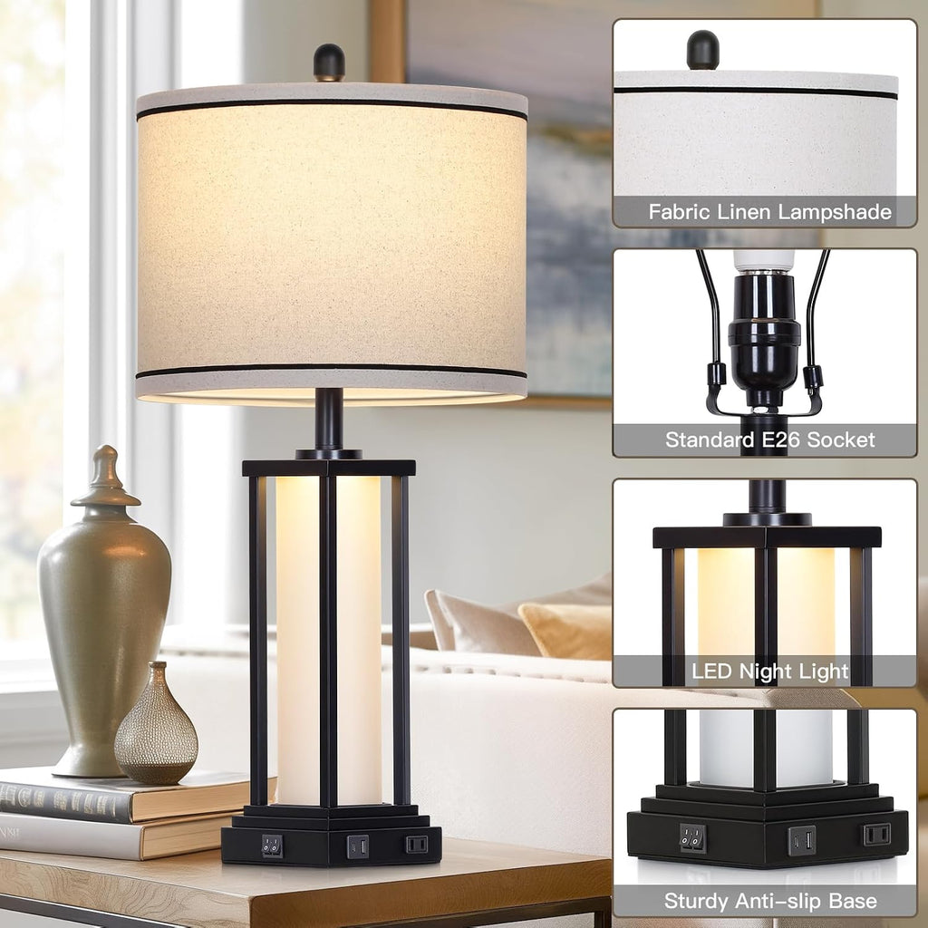 Cinkeda 27" Tall Vintage Table Lamp with USB C+A & Outlet, Black Industrial End Table Lamp for Living Room, Farmhouse Rustic Bedside Lamp…