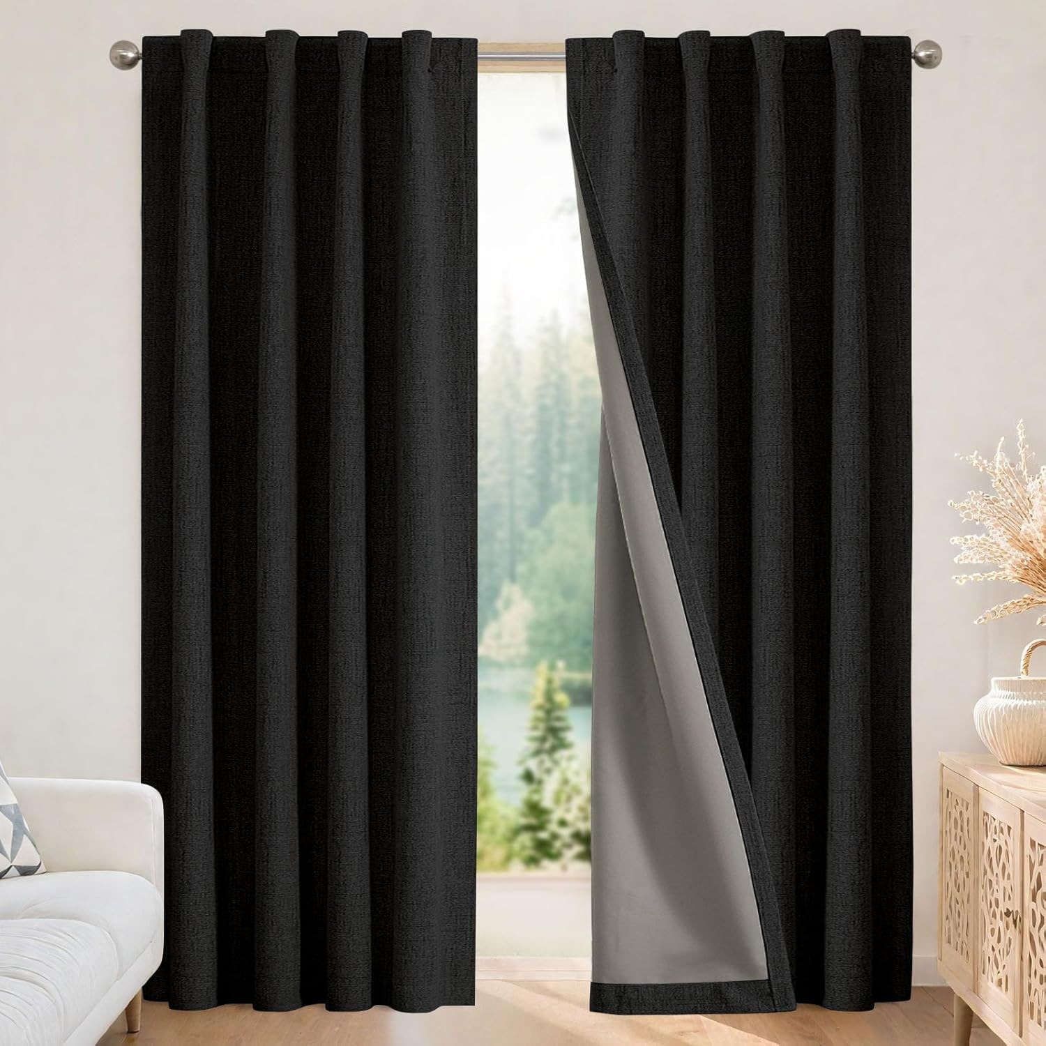 Joydeco Linen Blackout Curtains for Bedroom - 100% Light Blocking 1 Panels, Black Drapes 70" W x 108" L, Thermal Insulated Room Darkening C…