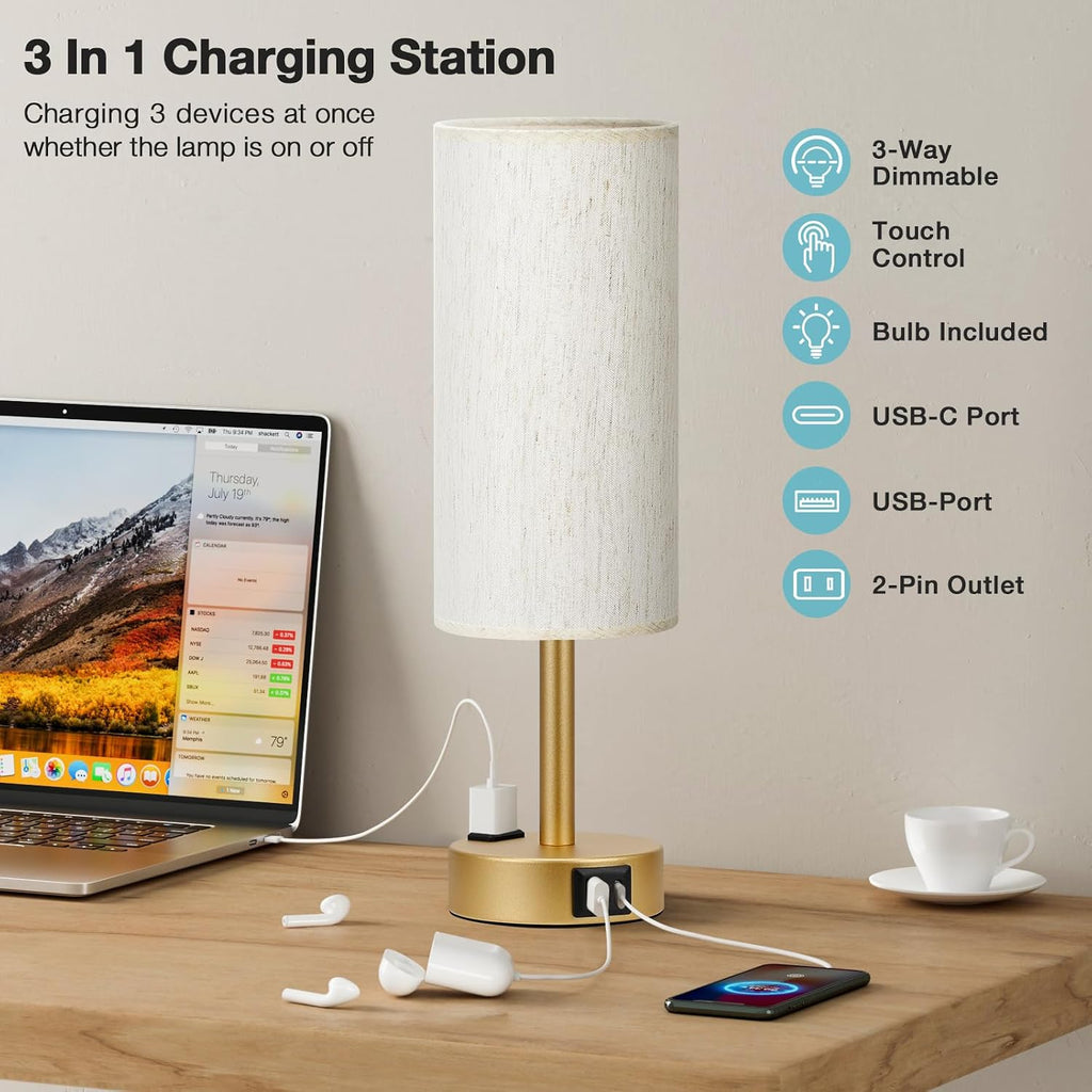 Fenmzee Gold Nightstand Bedroom Lamp - 3 Way Dimmable Bedside Lamp USB C A Charging Ports and AC Outlet, Small Table Lamp Linen Lampshade…