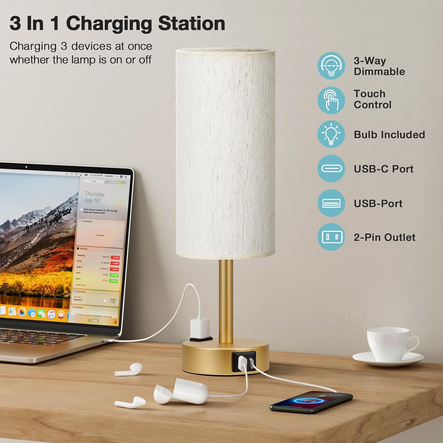 Fenmzee Gold Nightstand Bedroom Lamp - 3 Way Dimmable Bedside Lamp USB C A Charging Ports and AC Outlet, Small Table Lamp Linen Lampshade…