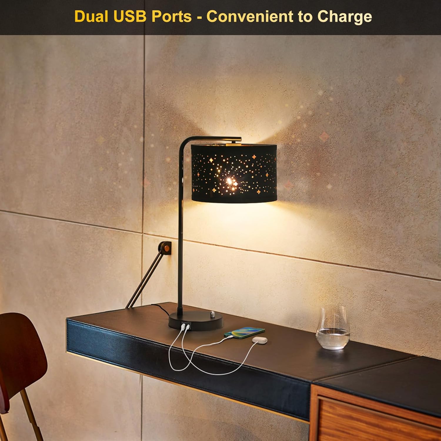 Bedside Table Lamp with USB C+A Ports, Fully Dimmable Modern Nightstand Side Lamps with Stars Shade, Tall Desk Reading Lamps for Living…