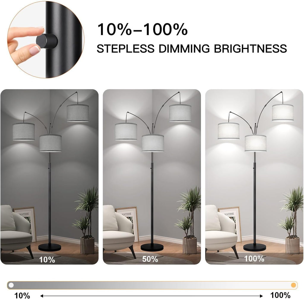 Dimmable Floor Lamp, 3 Lights Black Arc Floor Lamp, Modern Tall Standing Tree Lamp with Grey Linen Shades & Heavy Base, 3000LM LED Bulbs…
