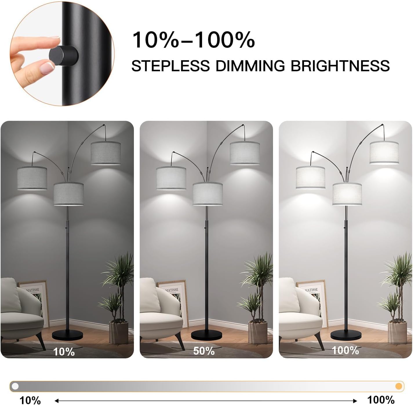 Dimmable Floor Lamp, 3 Lights Black Arc Floor Lamp, Modern Tall Standing Tree Lamp with Grey Linen Shades & Heavy Base, 3000LM LED Bulbs…