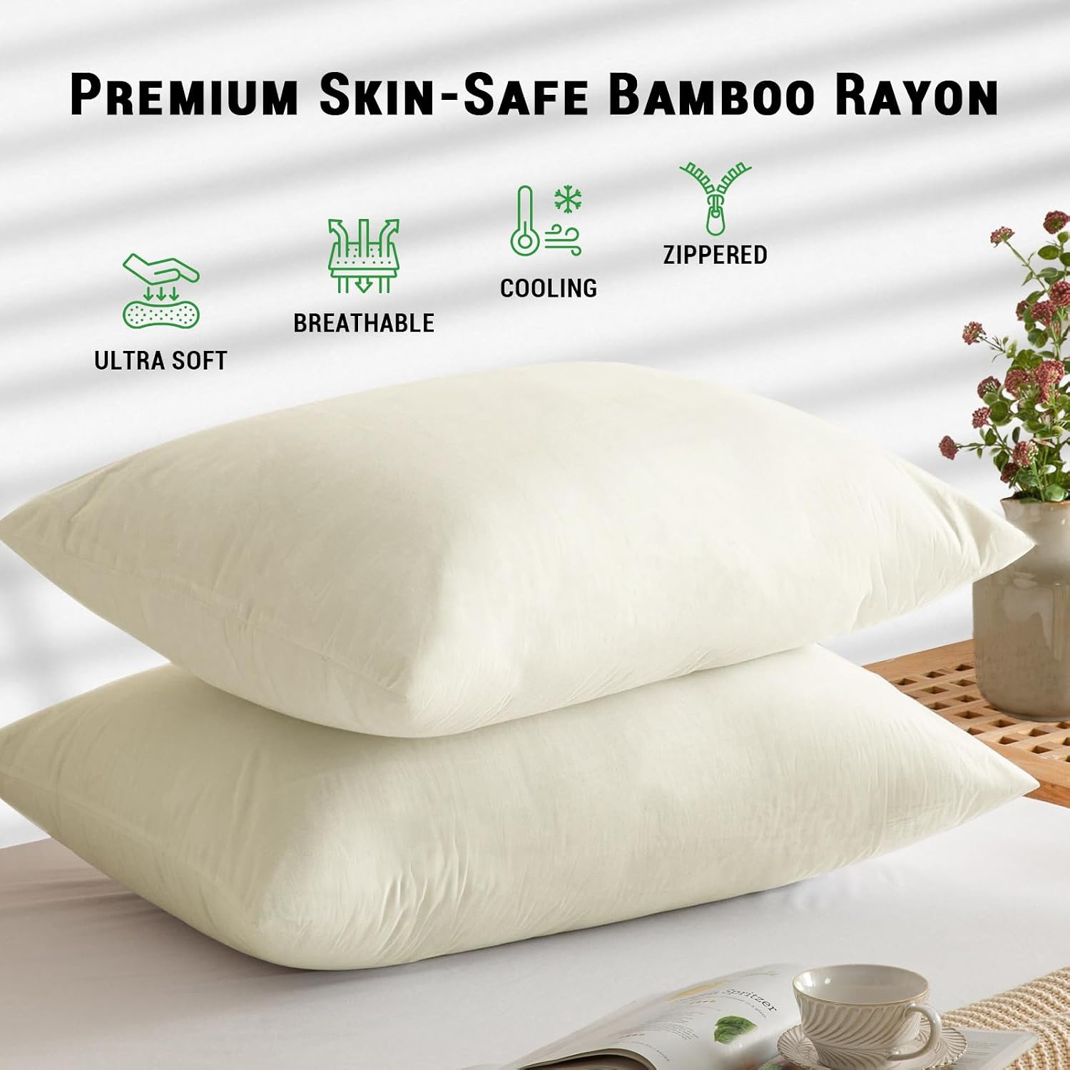 Gogreen Bamboo Rayon Waterproof Pillow Protector, Breathable Pillow Cover, Cooling Pillow Case Protector with Zipper, Super Soft Pillow Cas…
