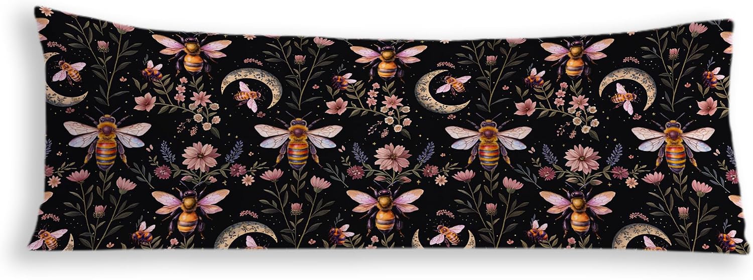Vintage Moody Dark Floral Bumble Bee Moon Body Pillow Cover 20x54, Dark Academia Cottagecore Gothic Witchy Bee Long Body Pillow Case…