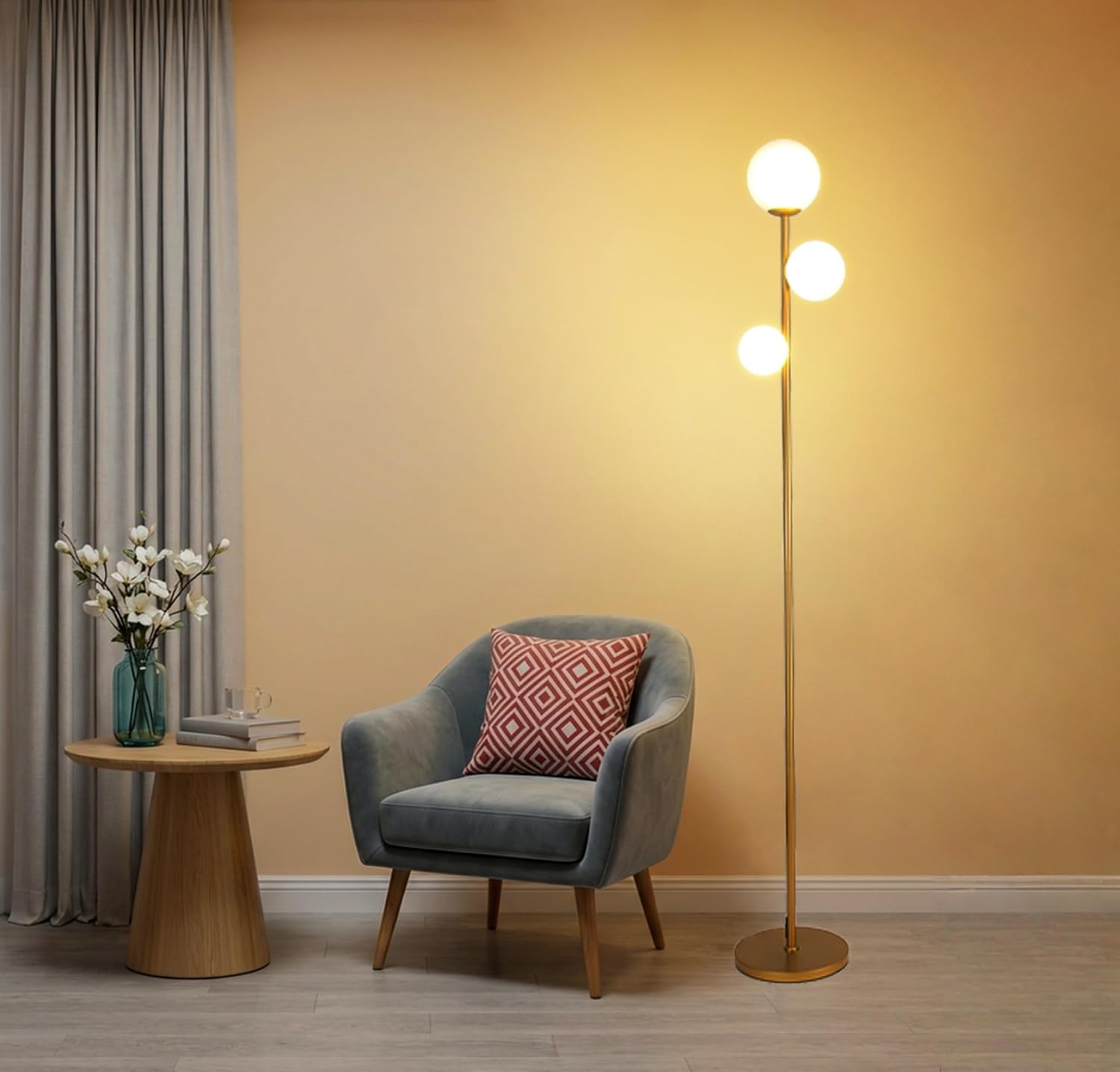 Fiqevs 3 Globe Floor Lamp Mid Century Modern, Gold Standing Lamp with Frosted Glass Shade & LED Bulbs, Tall Pole Light with Foot Switch…