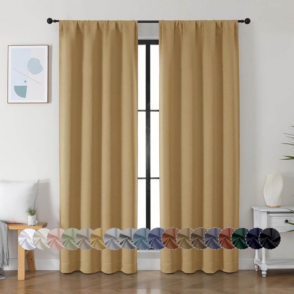 Simplebrand Ava Gold Blackout Curtains for Bedroom 84 Inch Length 2 Panels Set, Solid Thermal Insulated Privacy Living Room Window Treatmen…