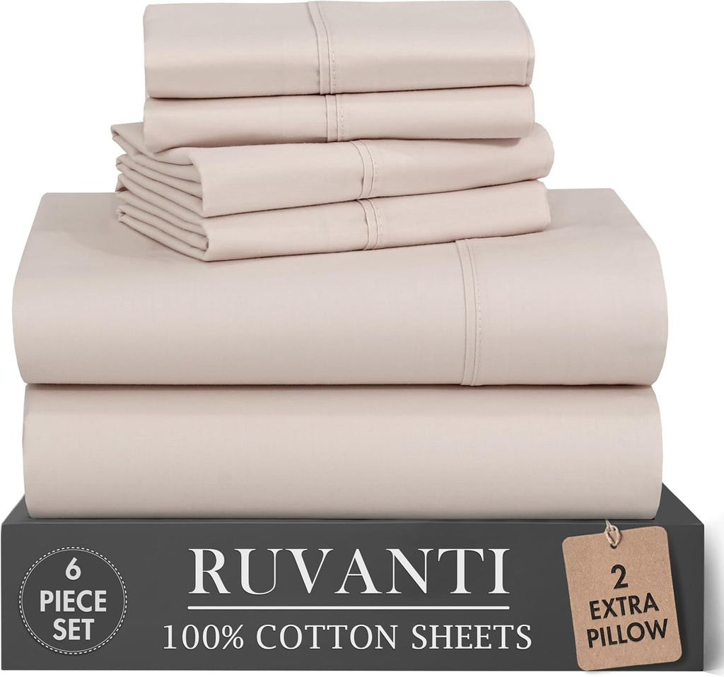Ruvanti 100% Cotton Percale Sheets Queen Size 6 Piece Set, Cooling Bed Sheets for Hot Sleepers, Deep Pocket 16”, Breathable Lightweight & D…
