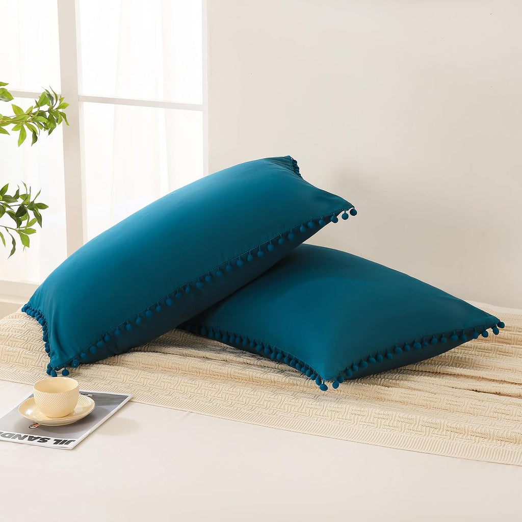 Moveover Move Over Teal Pom Poms Pillow Cases, Boho Pillowcases Set of 2, 100% Soft Washed Microfiber, Teal Blue Pillow Shams King, 2 Pack…