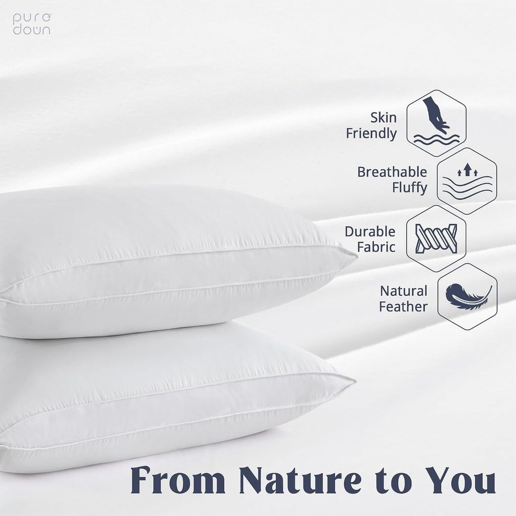 puredown® Goose Feather Down Sleeping Pillows Soft Bed Pillows for Sleeping with 100% Cotton Shell Set of 2 King Size