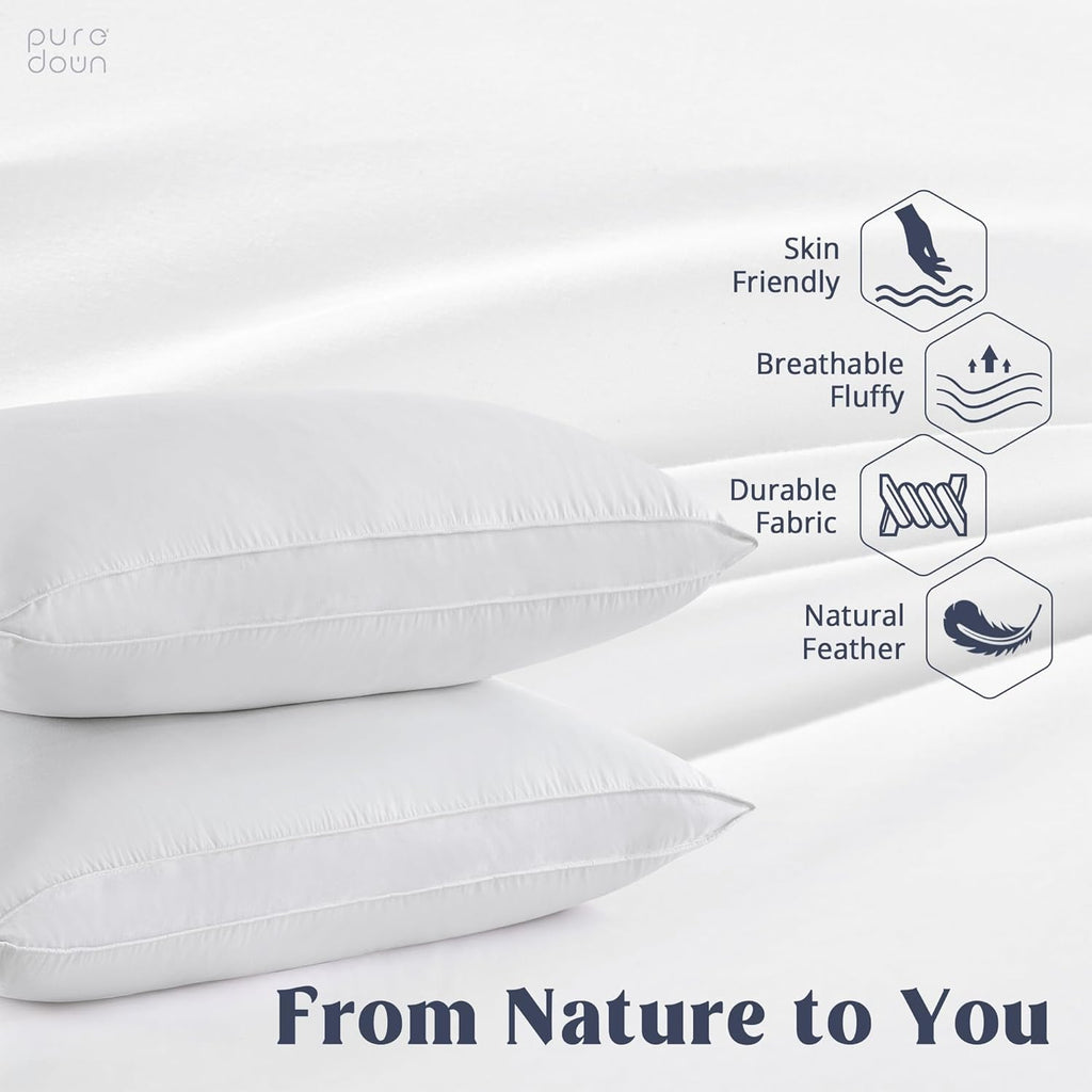 puredown® Goose Feather Down Pillows, Standard Size Soft Bed Pillows for Sleeping with 100% Cotton Shell Set of 2