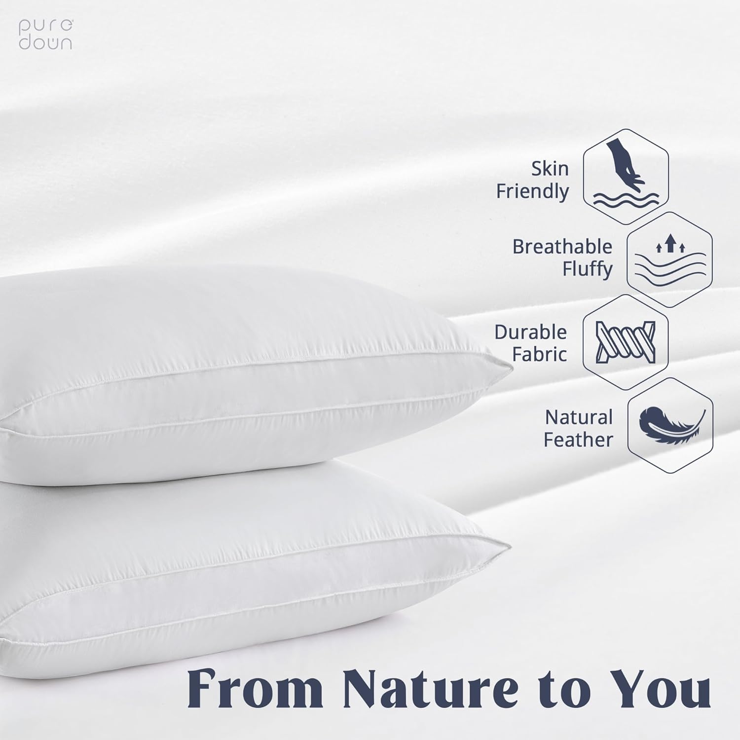 puredown® Goose Feather Down Pillows, Standard Size Soft Bed Pillows for Sleeping with 100% Cotton Shell Set of 2