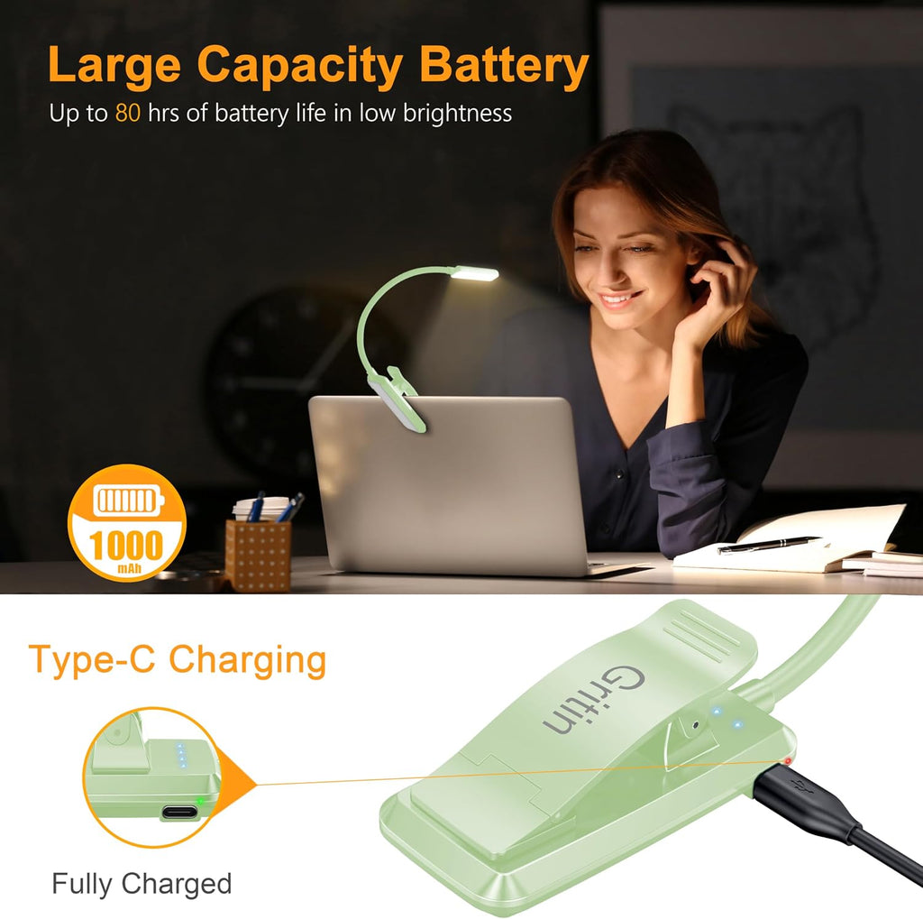Gritin 9 LED Rechargeable Book Light for Reading in Bed - Eye Caring 3 Color Temperatures, Stepless Dimming Brightness,80 Hrs Runtime…