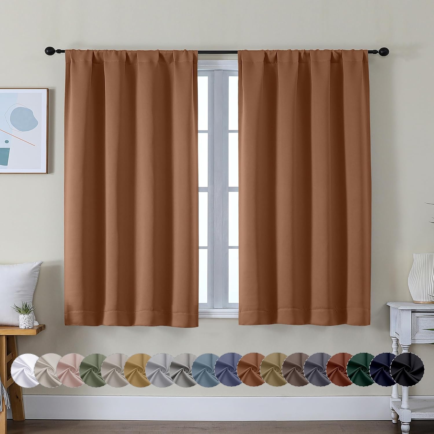 Simplebrand Ava Sun Baked Short Blackout Curtains for Bedroom 45 Inches Long 2 Panels Set, Solid Thermal Insulated, Energy Saving Window Tr…