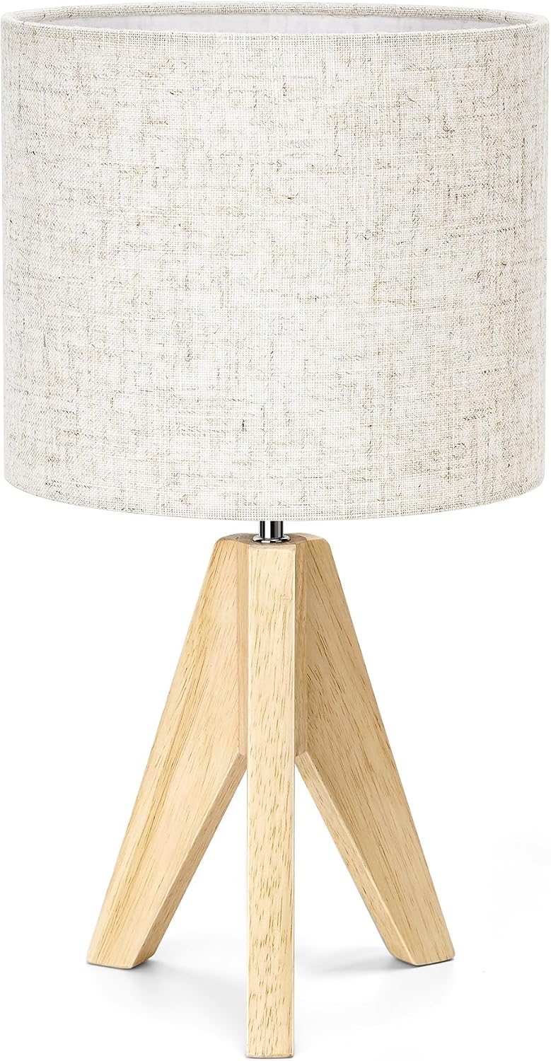 EDISHINE Small Table Lamp, Boho Bedside Lamp with Linen Fabric Shade, Wood Tripod Nightstand Lamp for Nursery, Living Room, Bedroom…