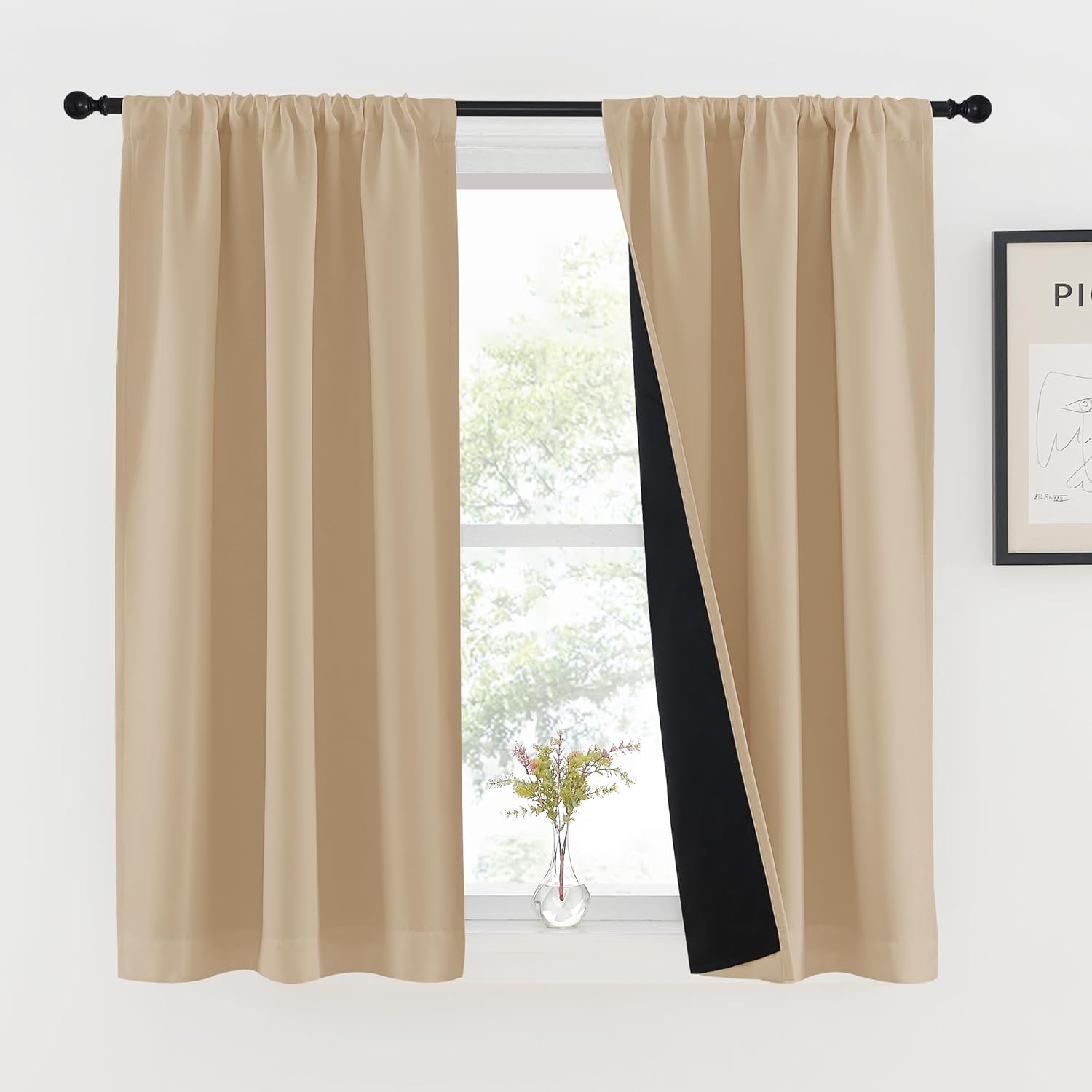 Nicetown Biscotti Beige Kitchen 100% Blackout Curtains 48 inches Long, Rod Pocket Basement Completely Blackout Thermal Insulated Lined Drap…