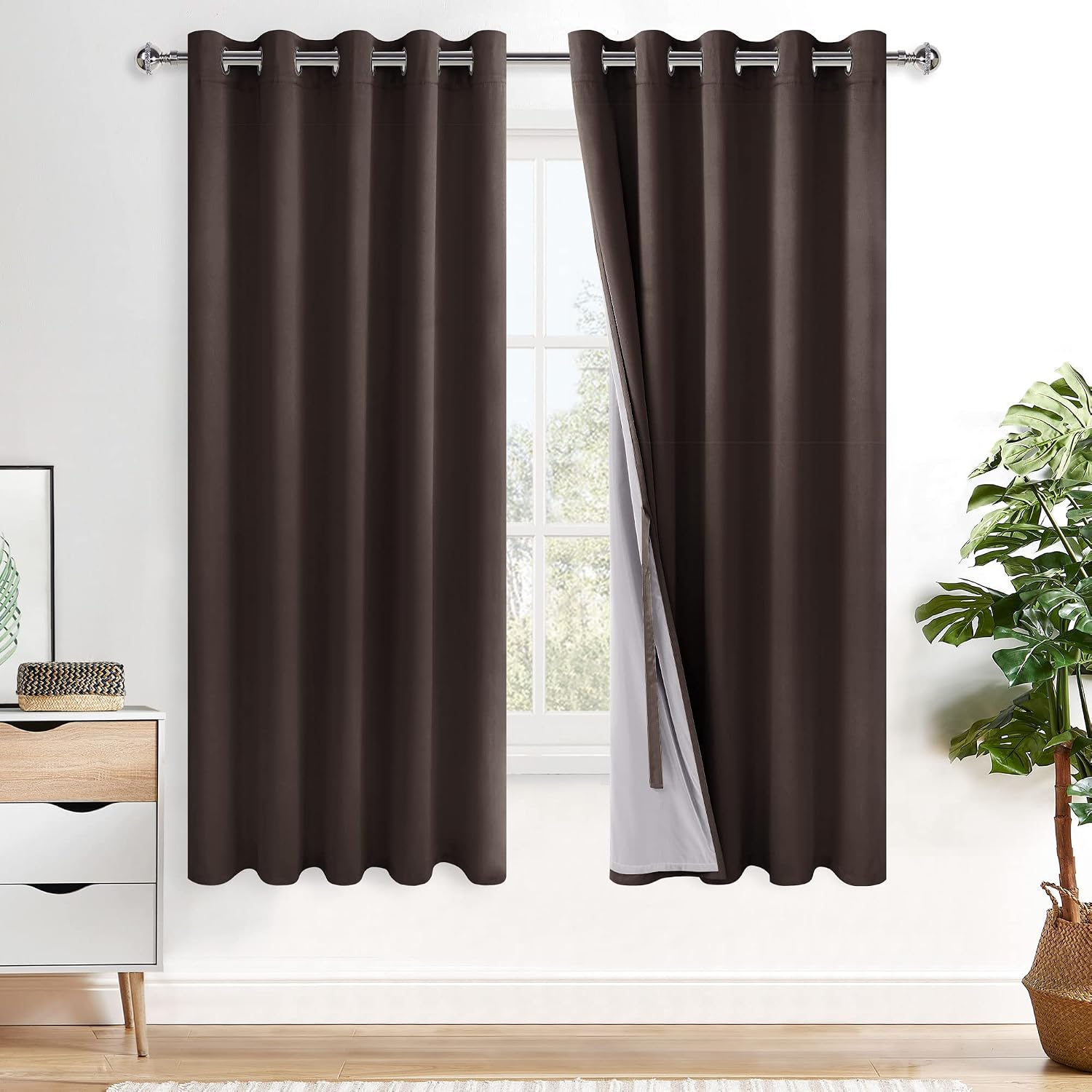 Xwzo 100% Blackout Curtains 63 Inches Long with Tiebacks- Heat Blocking Energy Efficiency Window Draperies Grommet Top with Black Liner for…