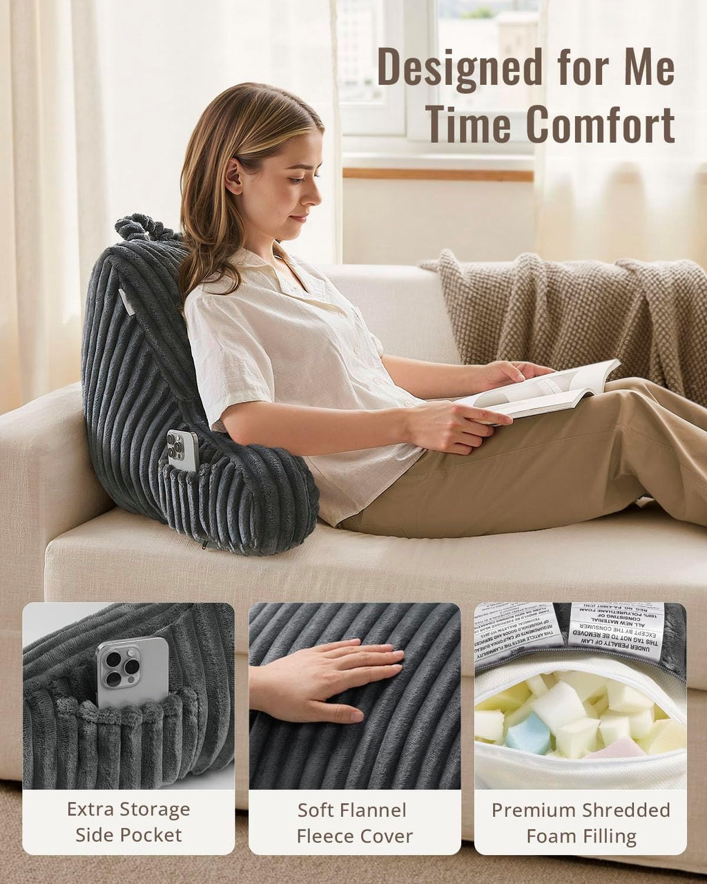 BlissfulDiary Blissful Diary Reading Pillow for Sitting in Bed, Flannel Back Pillow Bed Sitting Up for Adult & Children, Backrest Cushion f…