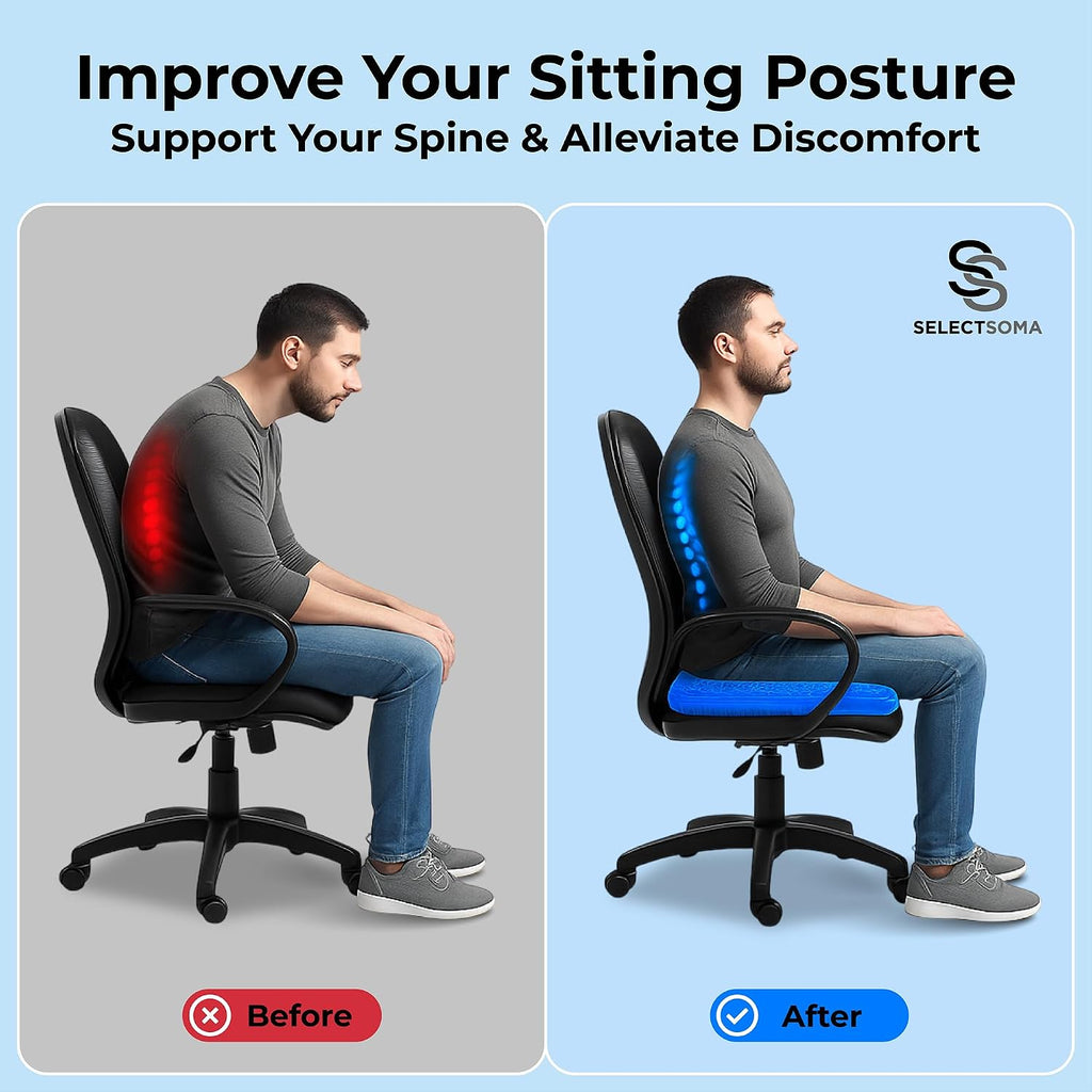 SelectSoma Super Large Gel Seat Cushion for Long Sitting - 18.5" x 17.5" - Breathable Cooling Design - Pressure Relief for Sciatica, Tailbo…