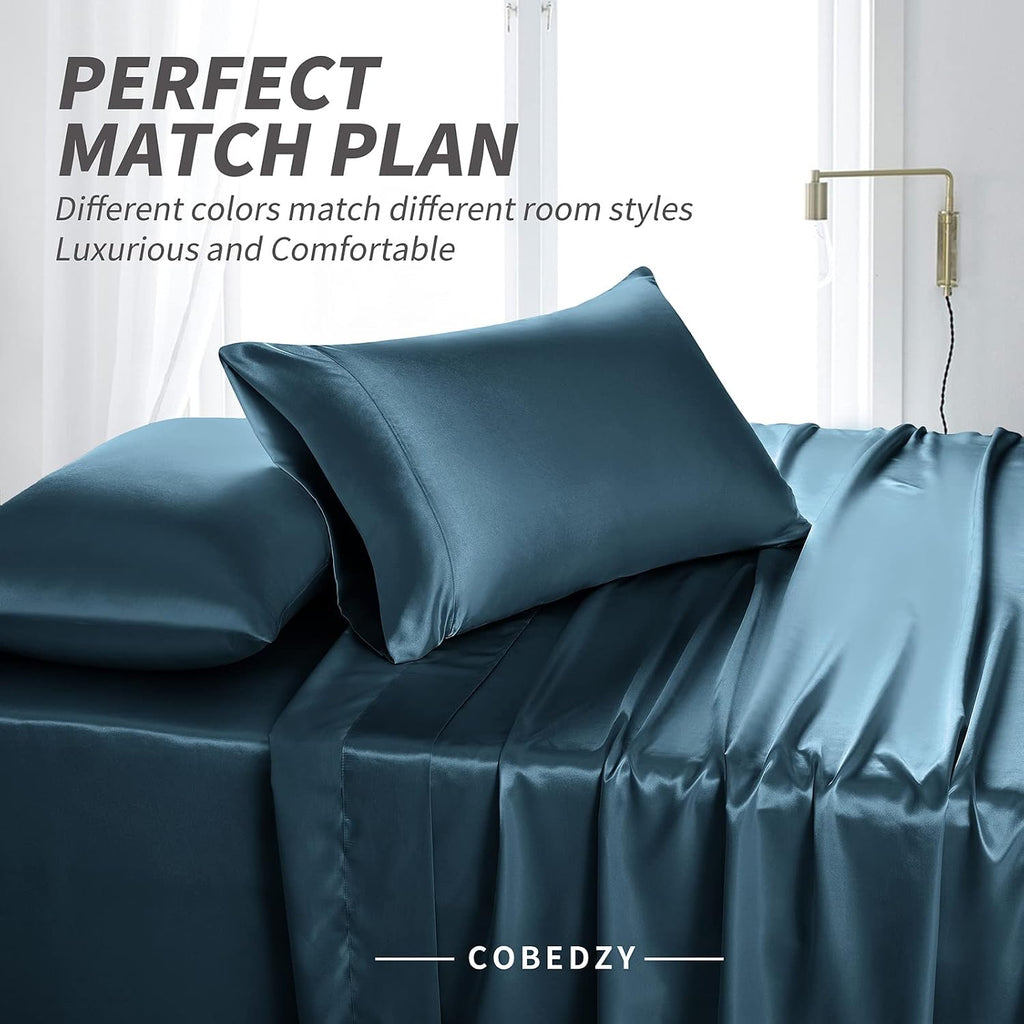 Cobedzy 4 Pieces Navy Blue Satin Sheets Queen Size Bed Set, Luxury Silky Satin Bedding Sheets Set with 1 Deep Pocket Fitted Sheet, 1 Soft F…