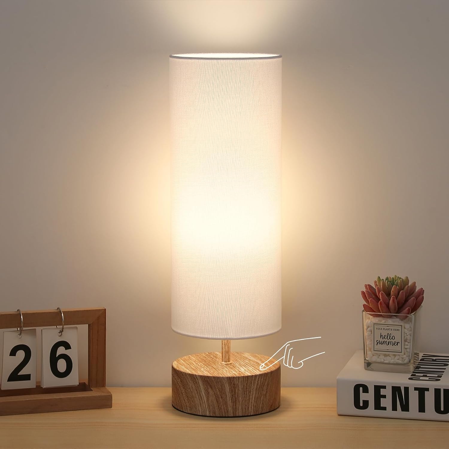 Touch Table Lamp with Metal Base Covered with Wood Grain, 3 Way Dimmable Bedside Nightstand Lamp with White Shade, Simple Night Light for…