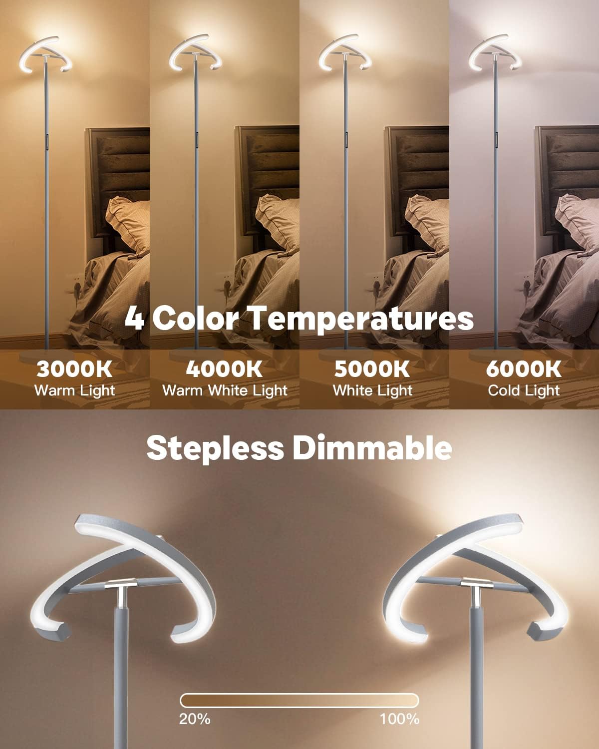 SIBRILLE Silver Floor Lamps for Living Room, Stepless Dimmable Standing Lamp with Touch Remote Control, 22W Rotatable LED Floor Light…