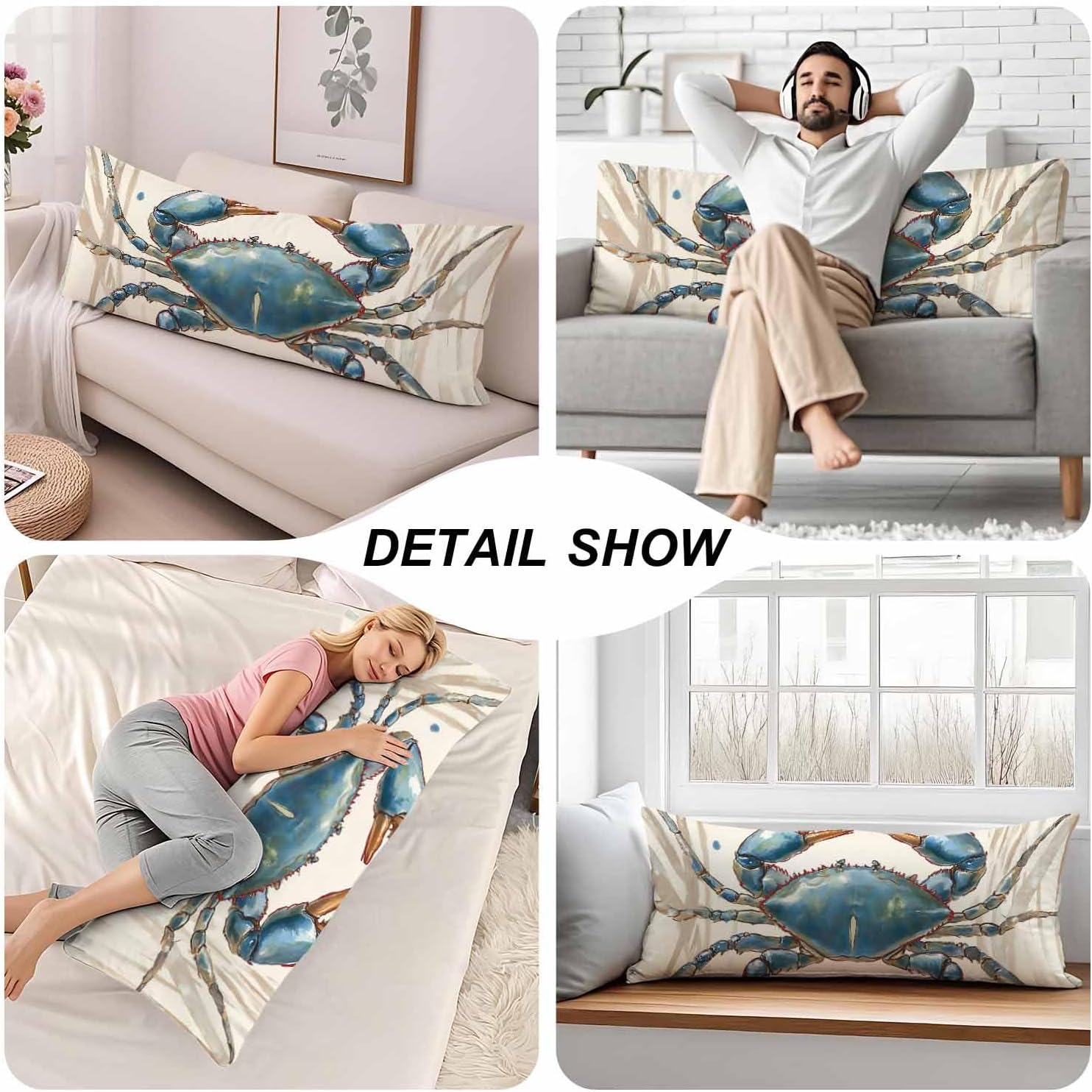 Crab Body Pillow Pillowcase, Ocean Beach Crab Sea Retro Body Pillow Cushion Covers, 20x54 Inch Bedding Body Pillows Protector Large…