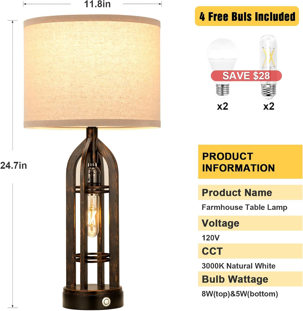 Seealle Table Lamp for Living Room Set of 2 - Copper Bedside Lamp for Bedroom with USB C+A & Outlet, Farmhouse Lamps for Night Stands…