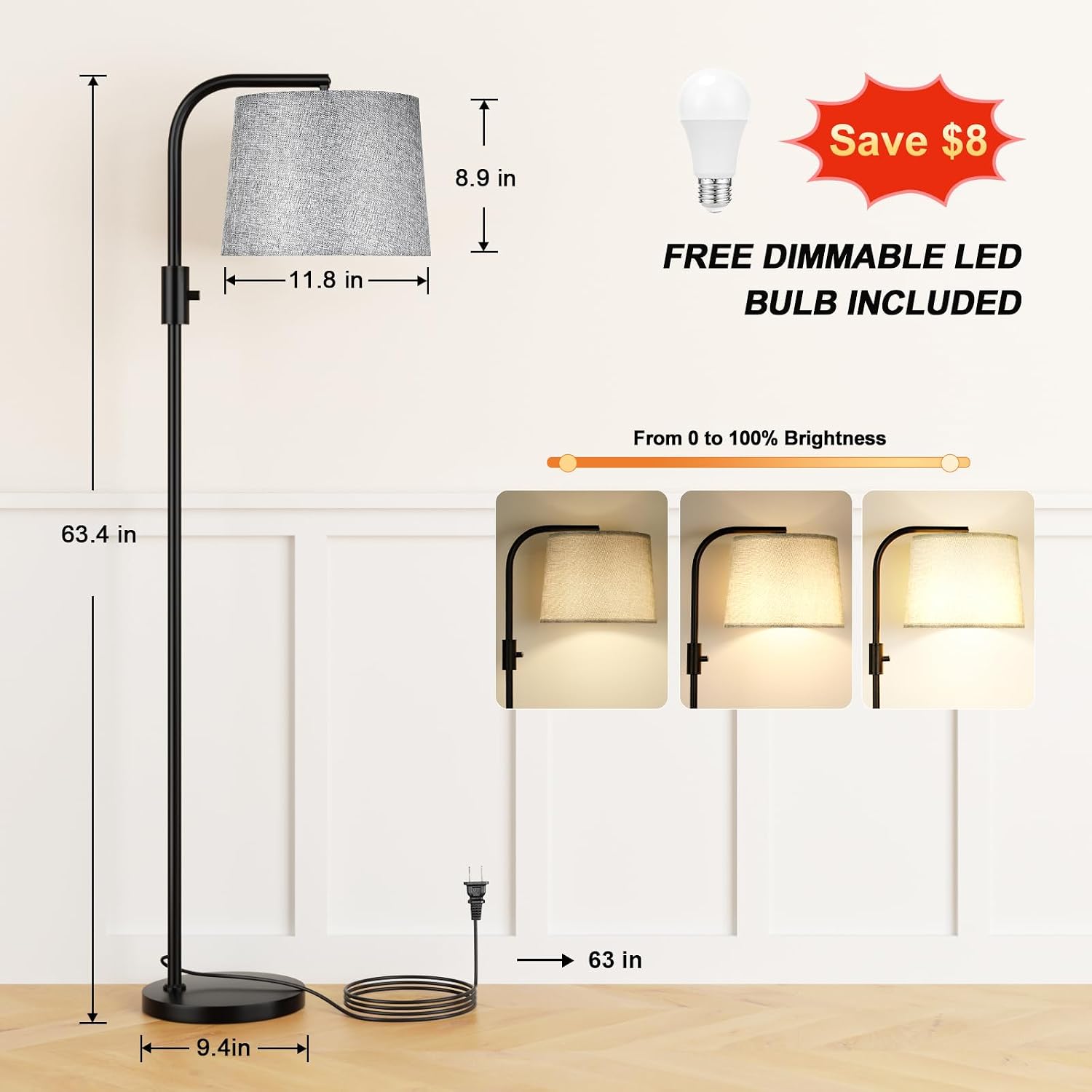 Ambimall Fully Dimmable Floor Lamp with 9W LED Bulb - Standing Lamp for Living Room with Adjustable Head, Modern Tall Light with Rotary…