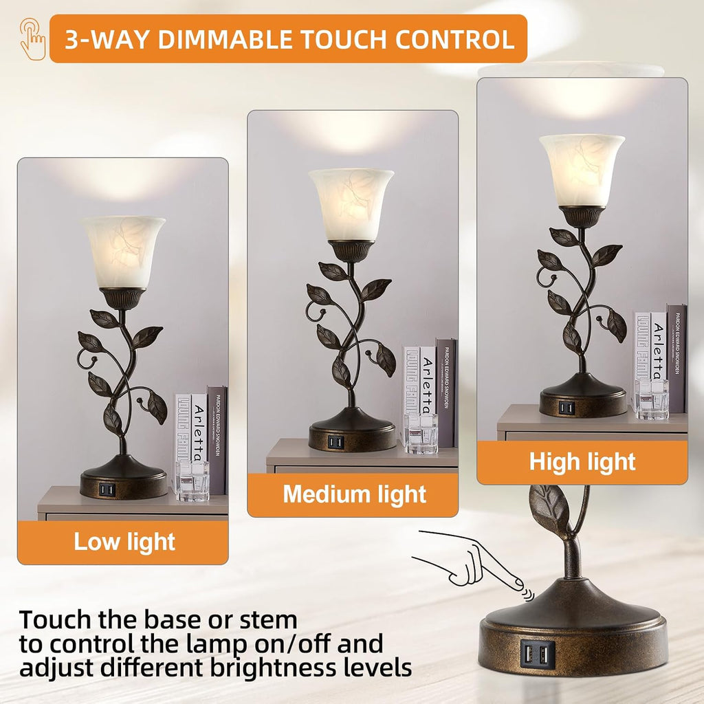 Touch Bedside Table Lamp, Vintage Nightstand Lamp with 2 USB Ports for Living Room, 3 Way Dimmable Leaf Lamp Retro Table Lamp for Bedroom…
