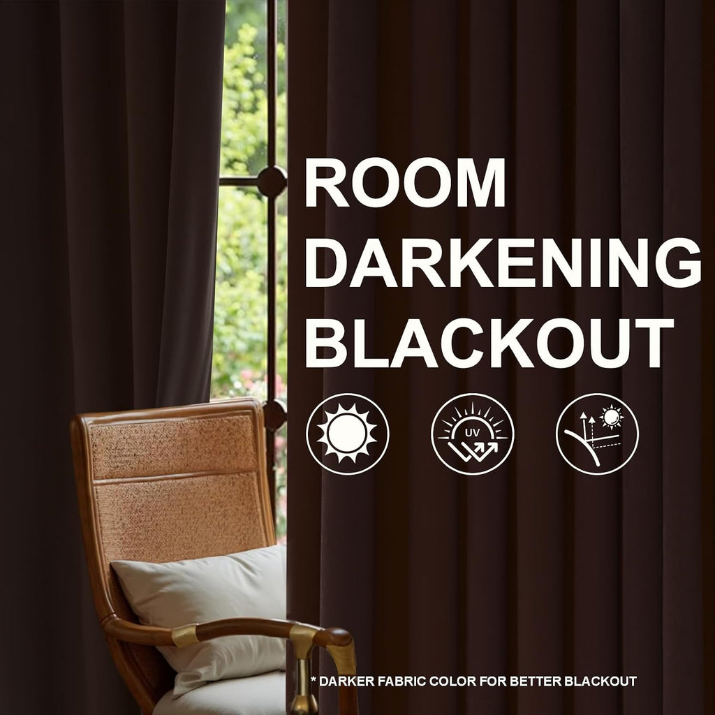 Drapenova Dark Brown Velvet Curtains 84 Inches Long for Living Room Bedroom Tan Luxury Vintage Pinch Pleat Blackout Thermal Insulate…