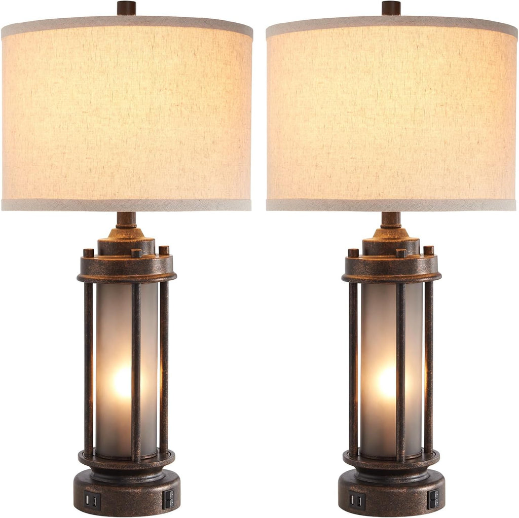 Set of 2 Farmhouse Lamps for Living Room, Rustic Vintage Bedroom Nightstand Table Lamp with 2 USB Charging Ports, Built-In Frosted Glass…