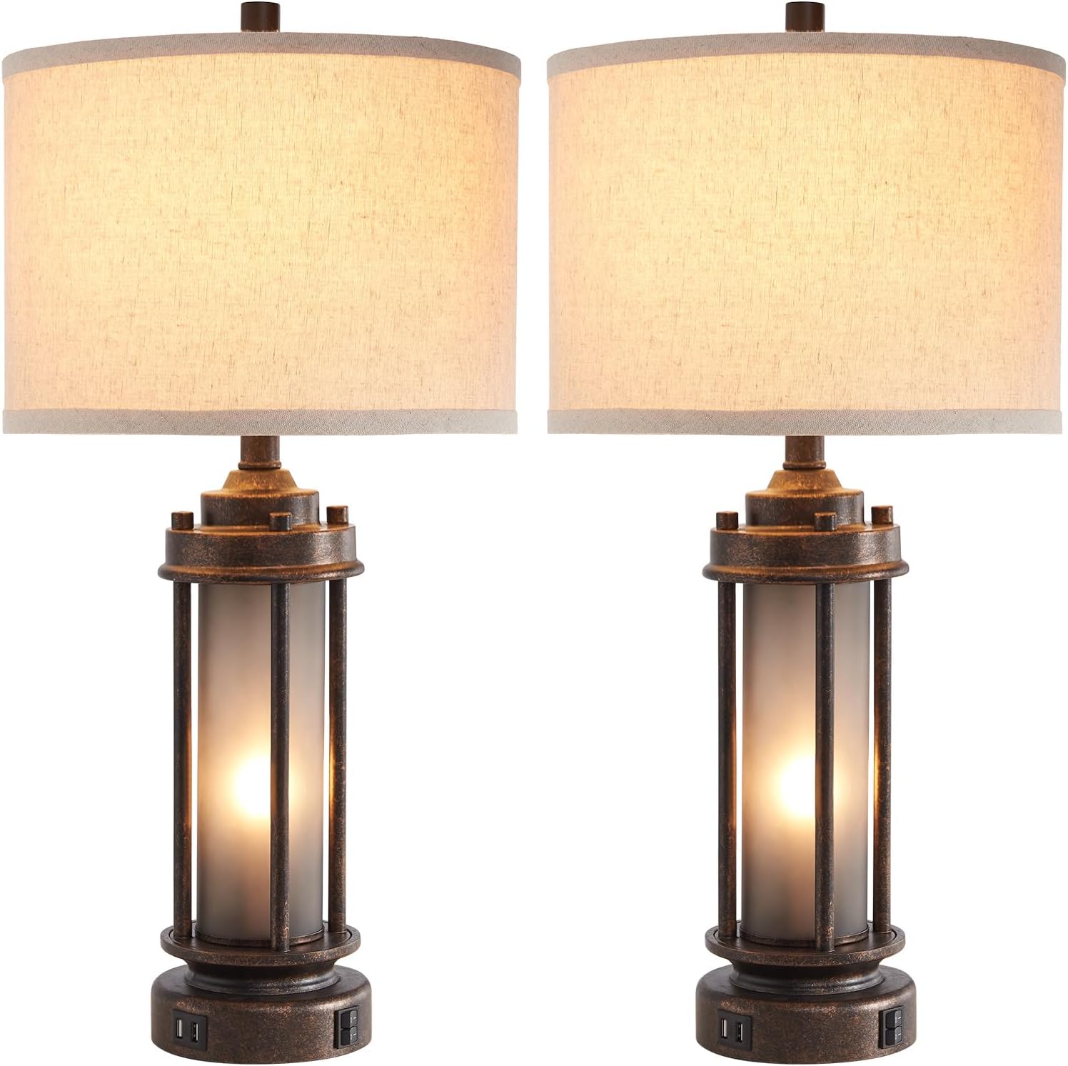 Set of 2 Farmhouse Lamps for Living Room, Rustic Vintage Bedroom Nightstand Table Lamp with 2 USB Charging Ports, Built-In Frosted Glass…