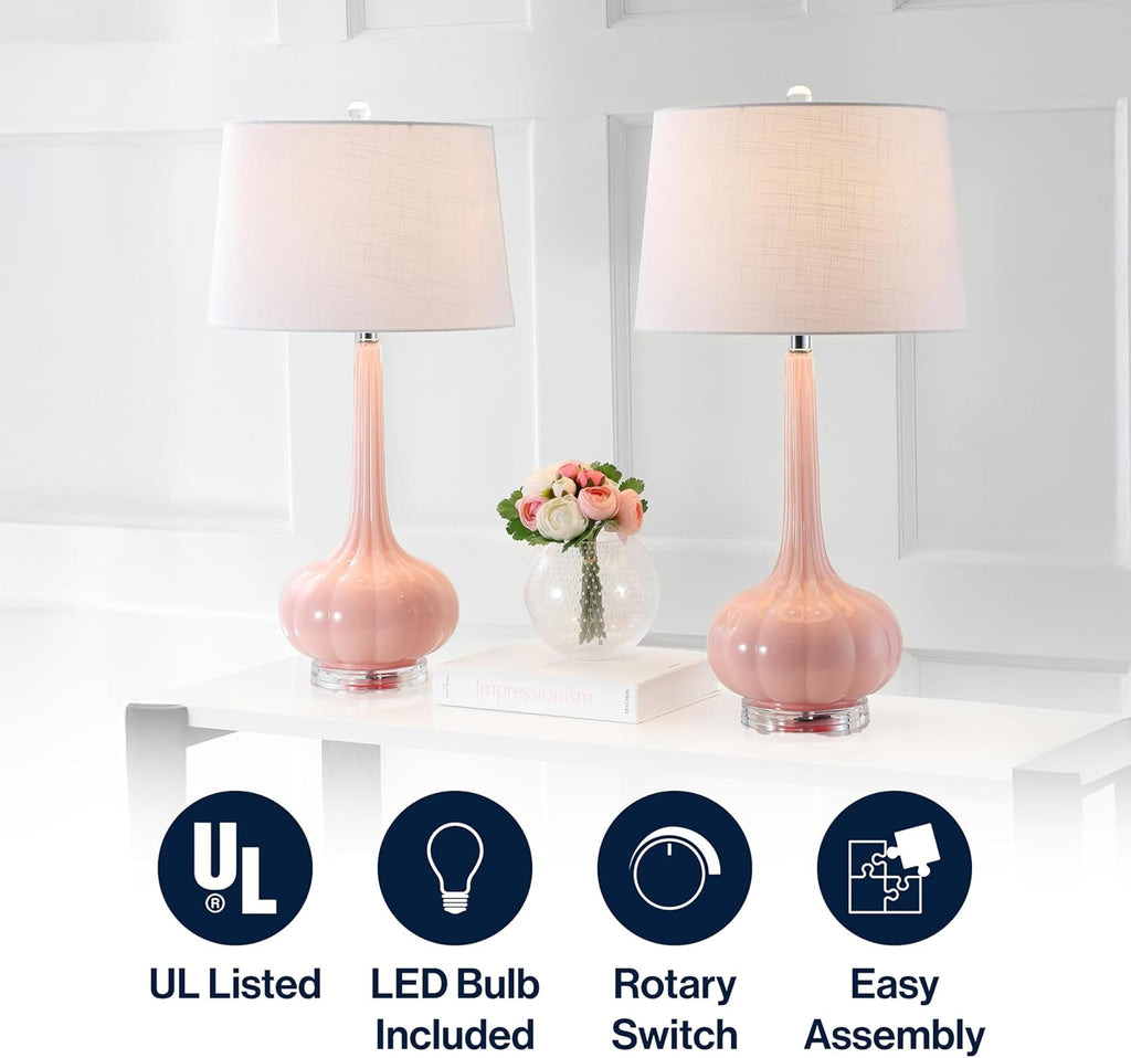 JONATHAN Y 28.5" Pink Glass Teardrop LED Table Lamp Set of 2 for Living Room Bedroom Nightstand, White Linen Shade Modern Transitional…