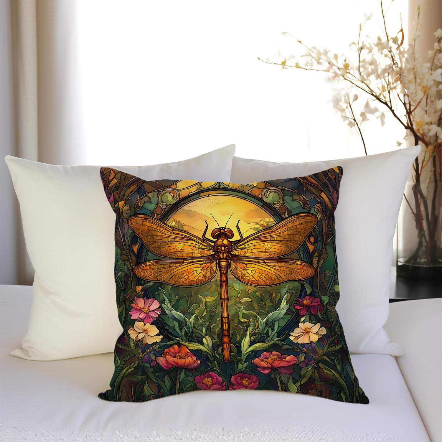 YOU FOUND ME William Morris Abstract Vintage Floral Dragonfly Design Throw Pillow Covers Home Decor, Retro Art Decor Pillowcase Cushion…