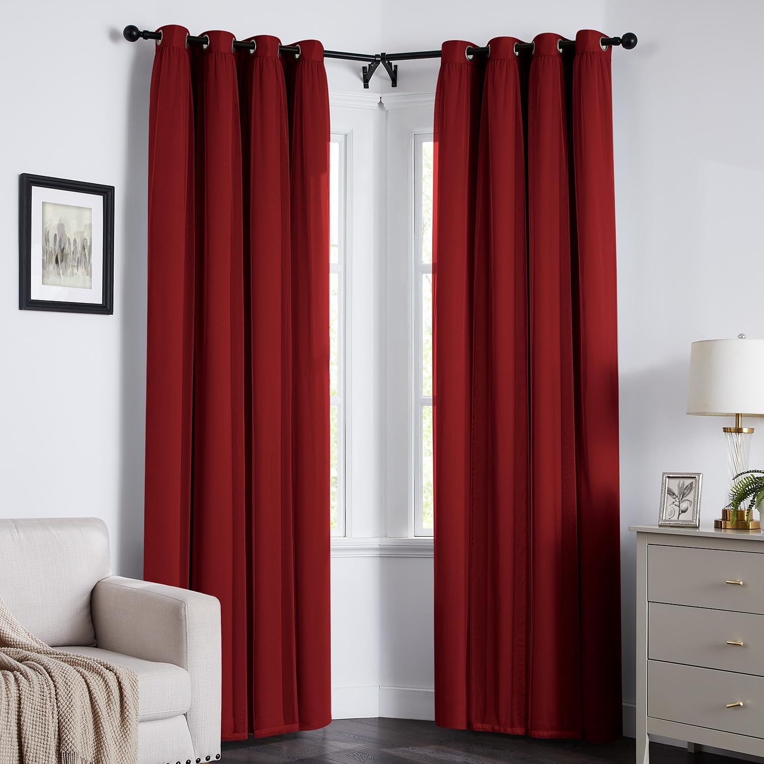 Swandream 100% Blackout Curtains for Bedroom, Double Layer Red Curtains, Black Out Curtain 108 inch Long with Sheer Overlay for Living Room…