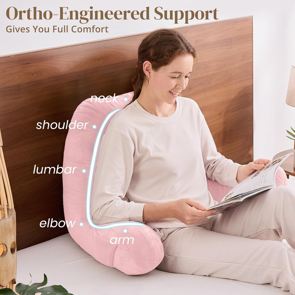 Sasttie Reading Pillow for Bed - 23 Inch, Back Pillow for Bed Sitting Up, Back-Rest Support Cushion with Side Pockets and Arms, Dorm Essent…