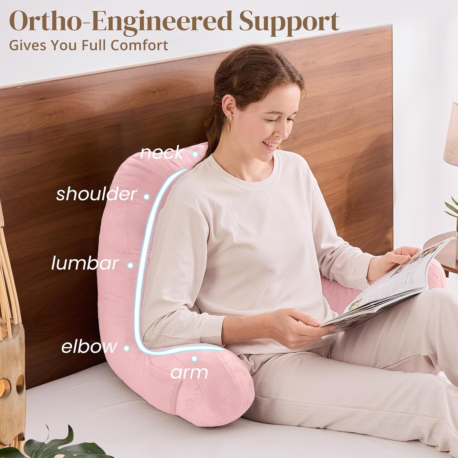 Sasttie Reading Pillow for Bed - 23 Inch, Back Pillow for Bed Sitting Up, Back-Rest Support Cushion with Side Pockets and Arms, Dorm Essent…