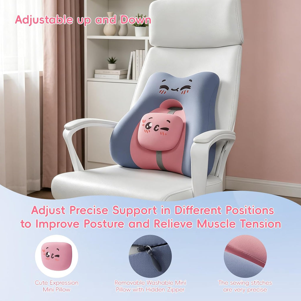 Bebas Lumbar Support Pillow for Car & Office Chair - Ergonomic Back Support Cushion with Adjustable Memory Foam Bolster, Cute Cartoon Desig…