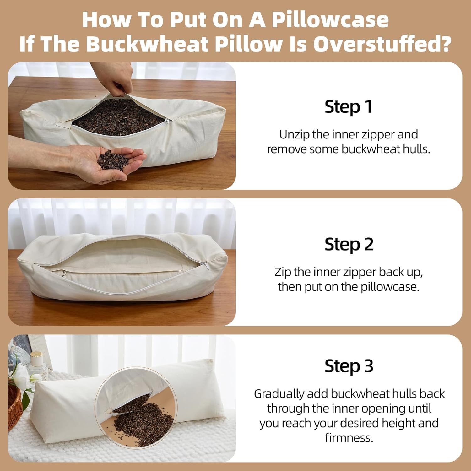 Buckwheat Pillow - Adjustable Buckwheat Neck Pillow(17x6) to Provide Firm Support, Neck Roll Pillow for Side and Back Sleepers, Bolster…
